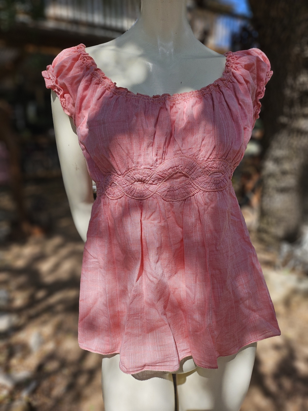 Max Studio 100% Cotton Coral Pink Smocked Empire-Waist Blouse Embroidered M